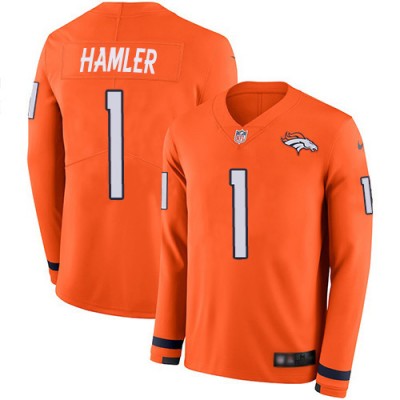 Nike Denver Broncos #1 KJ Hamler Orange Team Color Men's Stitched NFL Limited Therma Long Sleeve Jersey